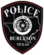Burleson Police Department logo black badge white lettering Police Burleson Texas white outline State of Texas and State Seal 